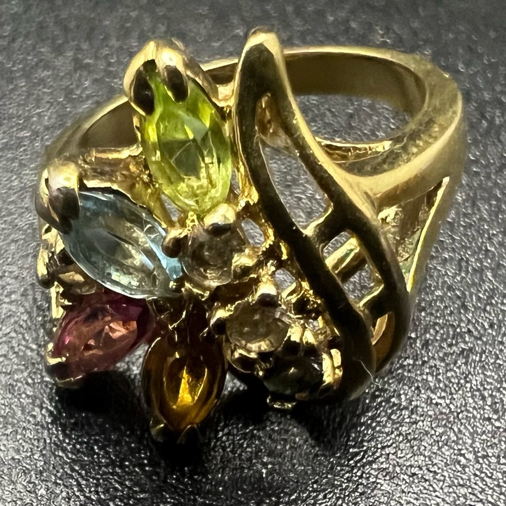 Size 7 Vintage Gold Plated Multi Gemstone Colorful Bouquet Ring